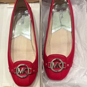 Michael Kors Red Leather Loafers with Silver Logo